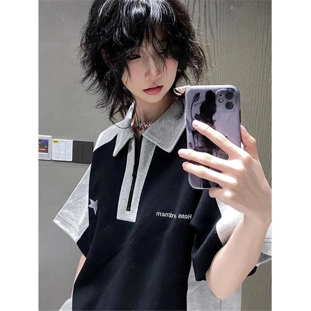 Y2k Summer Polo T-Shirts Women American Vintage New Cotton Contrast Panels Casual Harjuku Shirts Short Sleeve Women Casual Tops
