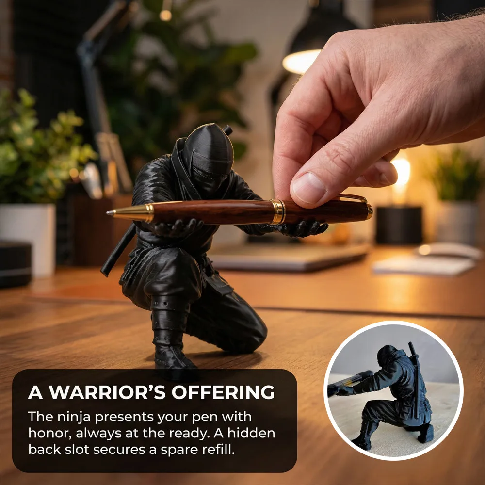 3D Printed Kneeling Ninja Pen Holder Artistic Desk Sculpture Practical Stationery Organizer Premium Home Office Aesthetic Decor