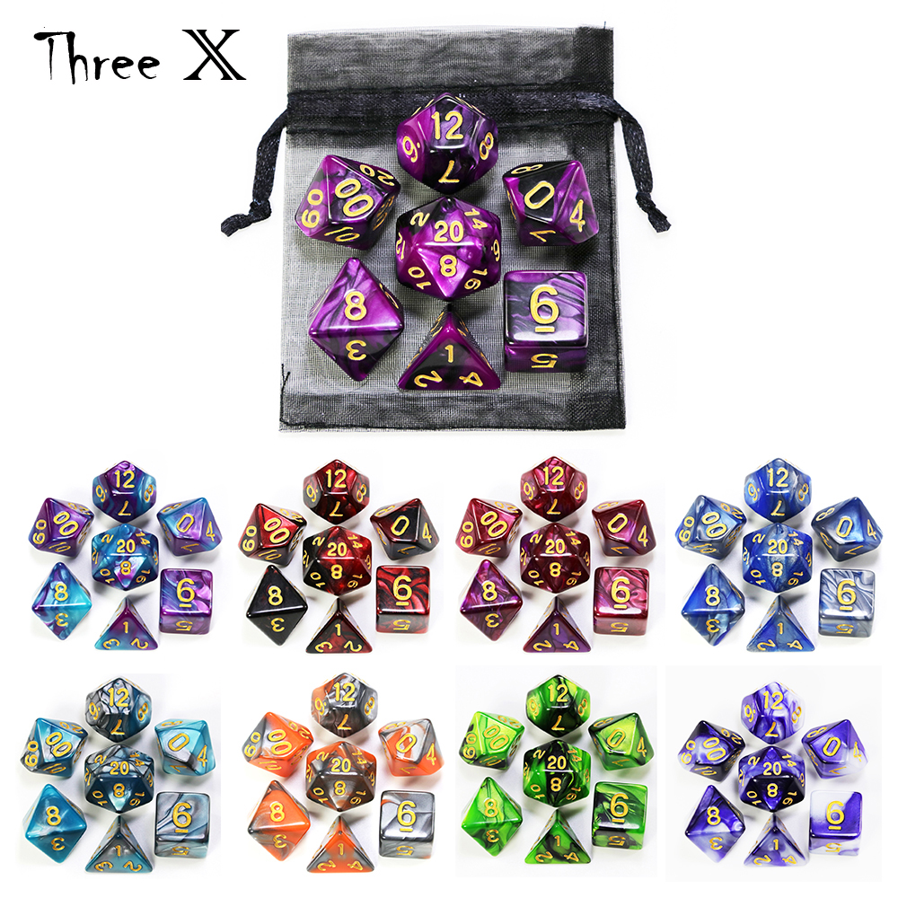Polyhedral Dice Set with Pouch Double-Colors Gold Numbers of D4 D6 D8 D10 D% D12 D20 for DNDGame RPG Table Games