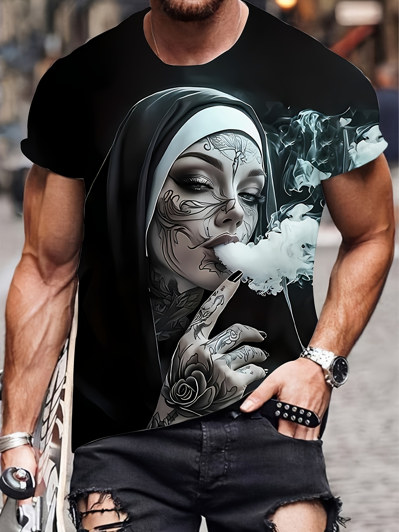 Men's with Smoking Nun 3D Graphic T-Shirt Black Casual Summer Tee Short Sleeves Polyester Streetwear T-Shirts Vintage Clothing
