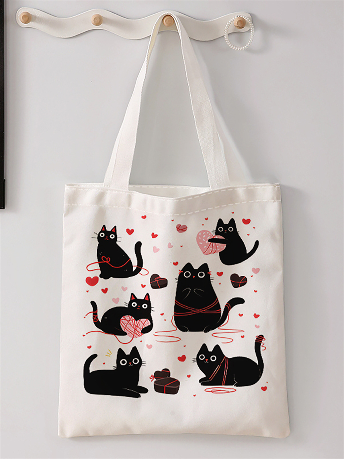 Black cat pattern printed casual handbag, reusable fashionable backpack, multifunctional handbag, canvas shopping bag